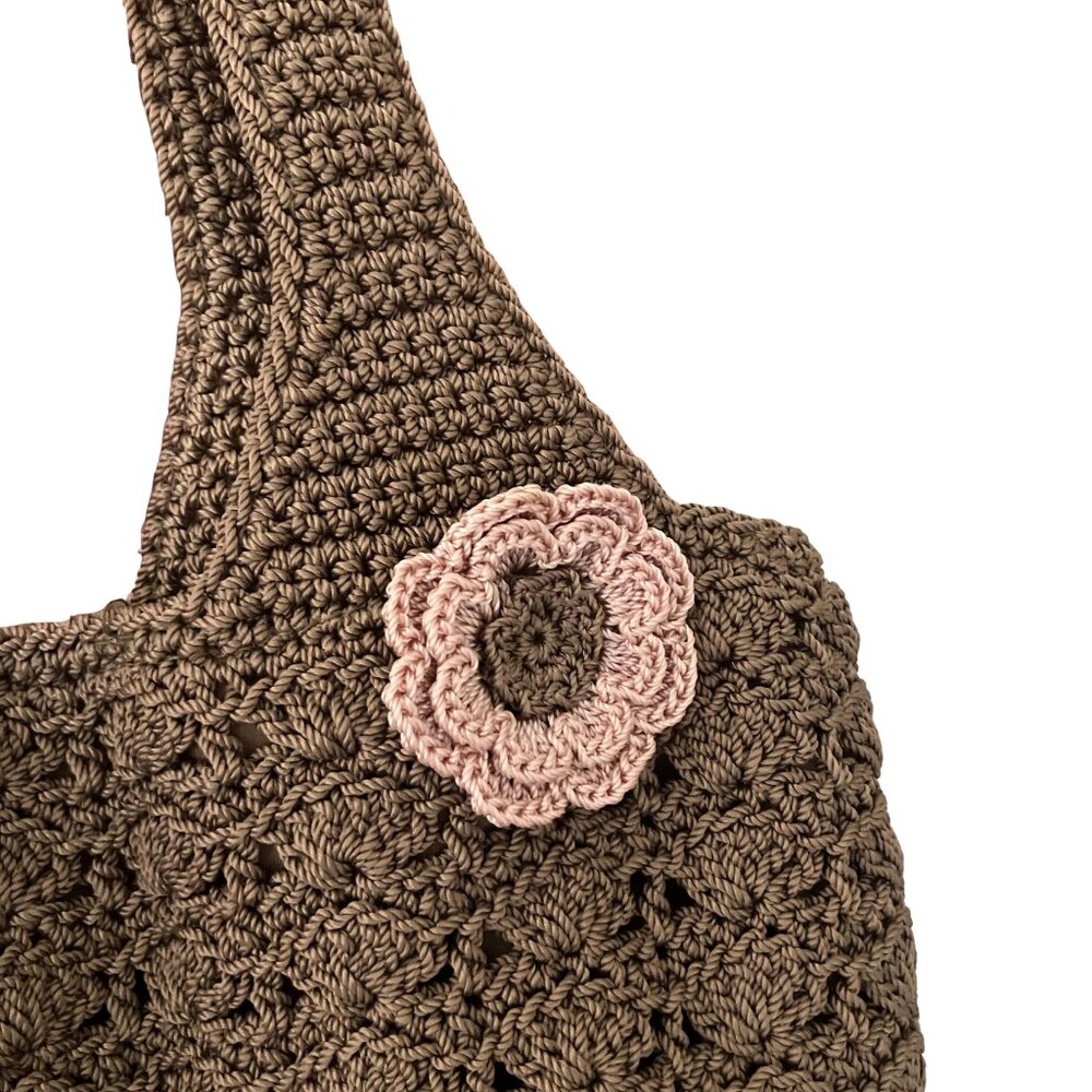 Y2K Brown Tan Knit Crochet Pink Flower Pin Large Shoulder Bag Tote Girlhoodcore - Picture 3 of 9